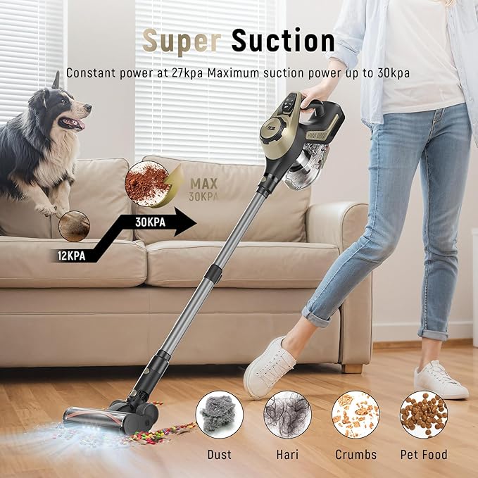 Cordless Vacuum Cleaner, 30Kpa Home Stick Vacuum, Smart Display & 1.5L Dust Cup, 55mins Max Runtime, Rechargeable Lightweight Handheld Vavuum for Pet Hair/Carpet/Hardwood Floor/Car (Golden)