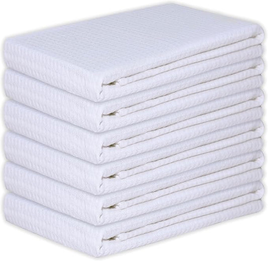Kitchen Towels Set of 6 Soft Premium Cotton Highly Absorbent Dish Towels 18x28 Inches, Washable & Reusable Tea Towel, Quick Drying Dish Cloths with Hanging Loop - White Solid