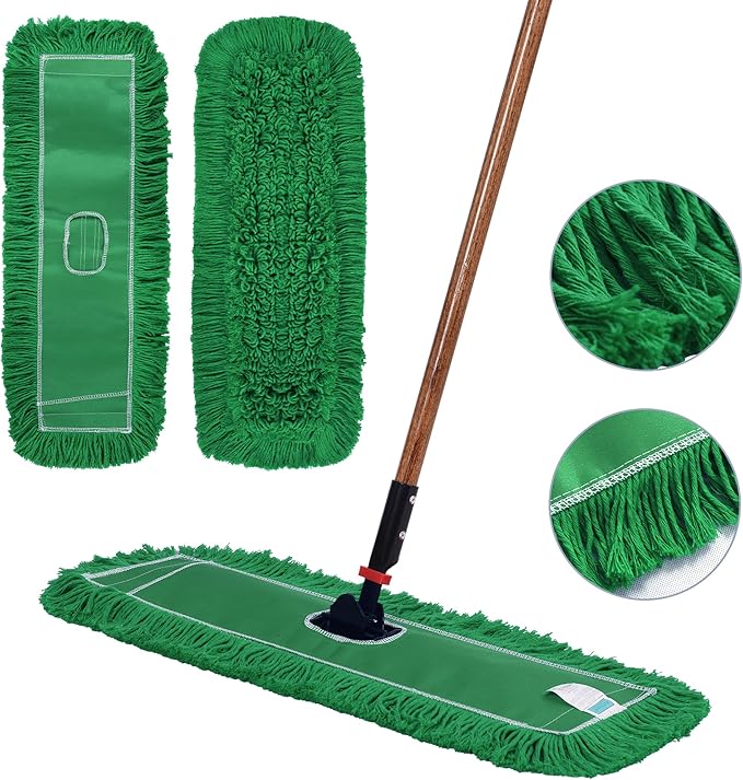 Matthew Cleaning 24'' Industrial Strength Cotton Dust Mop Refill Washable Replacement Heads for Residential & Commercial Use Fit Standard Dust Mop Frames, Hardwood,Concrete Floors Green 3 Pack