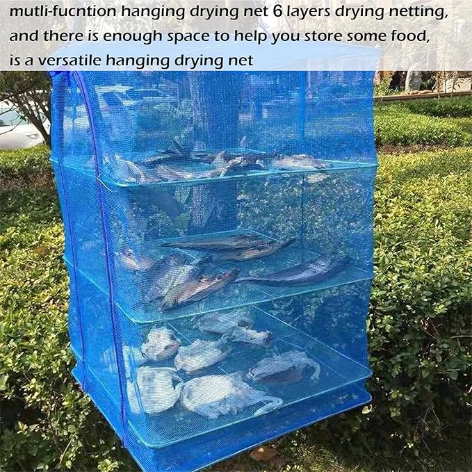Drying Rack 6 Layers Folding Fish Mesh, Foldable Nylon Netting, Hanging Drying Fish Net, for Shrimp Fish Fruit Vegetables Herb, with Zipper Opening-Blue (37.4X19.6X19.6 in)…