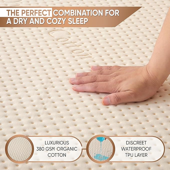 Luxury Waterproof Organic Mattress Protector Calif King - Organic Cotton Breathable Mattress Pad Cover - New 380 GSM Comfort - Deep Pocket - Jersey Cotton Skirt - Fitted Comfort