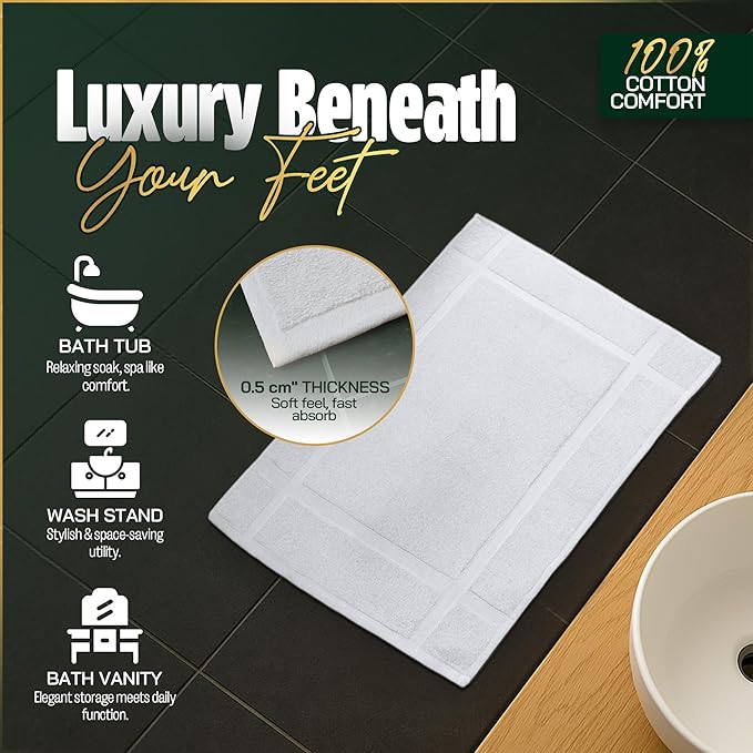 Pearl Linens Pack of 12 100% Cotton Bath Mat 18x25 inches, Soft & Absorbent Quick Dry Bathroom Mat Set, Not Bathroom Rugs, After Shower Mat, Bath Tub Mat, 687 GSM, Machine Washable, White