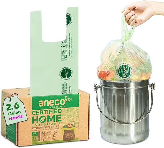 ANECO 100% Compostable Food Waste Bags 2.6 Gallon With Handles, Small Compost Bags for Countertop Bin, OK Compost HOME & BPI Certified Compostable Kitchen Food Waste Bag (45 Count)