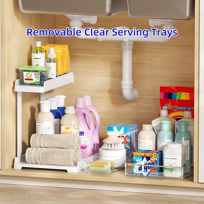 heart & home 2-Pack Under Sink Storage Organizer for Kitchen & Bathroom Cabinets with Removable Washable Tray, Tool-Free Assembly – Multi-Purpose for Countertop, Laundry & Vanity, White