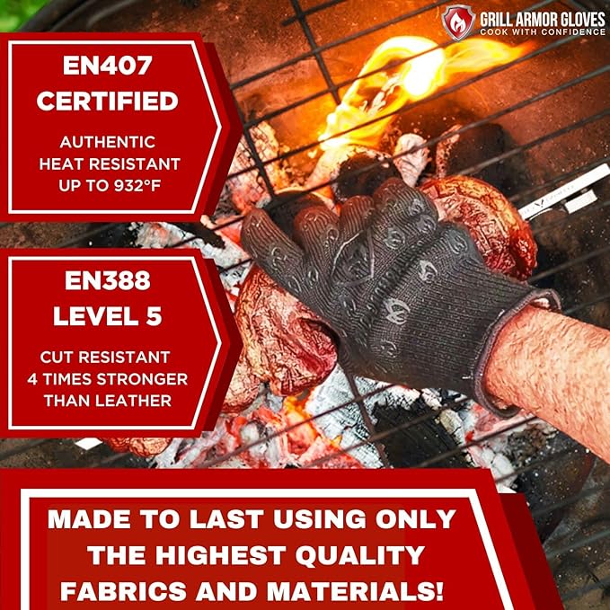 Grill Armor Oven Gloves 932°F Extreme Heat & Cut Resistant Oven Mitts with Fingers for BBQ, Cooking, Grilling, Baking –Accessory for Smoker, Cast Iron, Fire Pit, Camping, Fireplace, Griddle & More