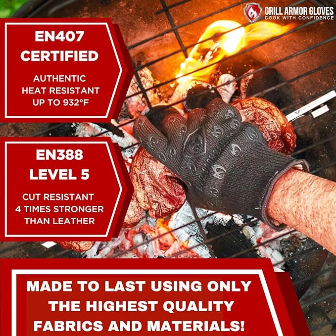 Grill Armor Oven Gloves 932°F Extreme Heat & Cut Resistant Oven Mitts with Fingers for BBQ, Cooking, Grilling, Baking – Accessory for Smoker, Cast Iron, Fire Pit, Camping, Fireplace, Griddle & More