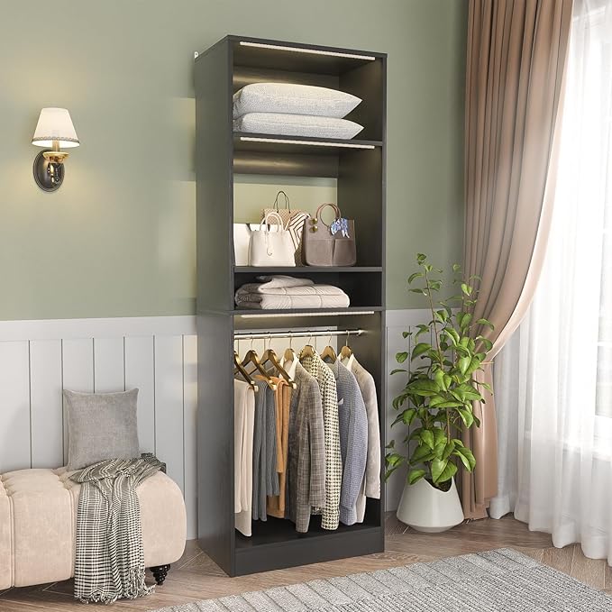 Unikito Freestanding Closet System, 25” Closet Organizer Wardrobe with Hanging Rod & Shelves, Adjustable Clothes Garment Rack, Sturdy Walk in Towers, Easy Assembly, 25" W x 16" D x 80" H, Black