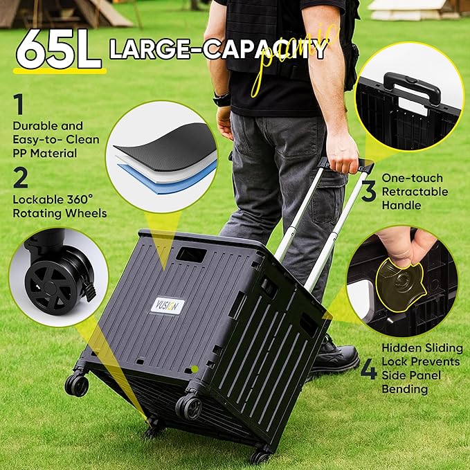 VUSIGN Folding Utility Cart, Foldable Rolling Crate Handcart with Lid, Portable Collapsible Shopping Trolley Tool Box, 4 Rotate Wheels for Grocery, Office, Travel, Teacher, Luggage, Black