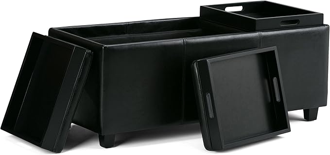 SIMPLIHOME Avalon 42 inch Wide Contemporary Rectangle Storage Ottoman in Midnight Black Vegan Faux Leather, Assembled, For the Living Room, Entryway and Family Room