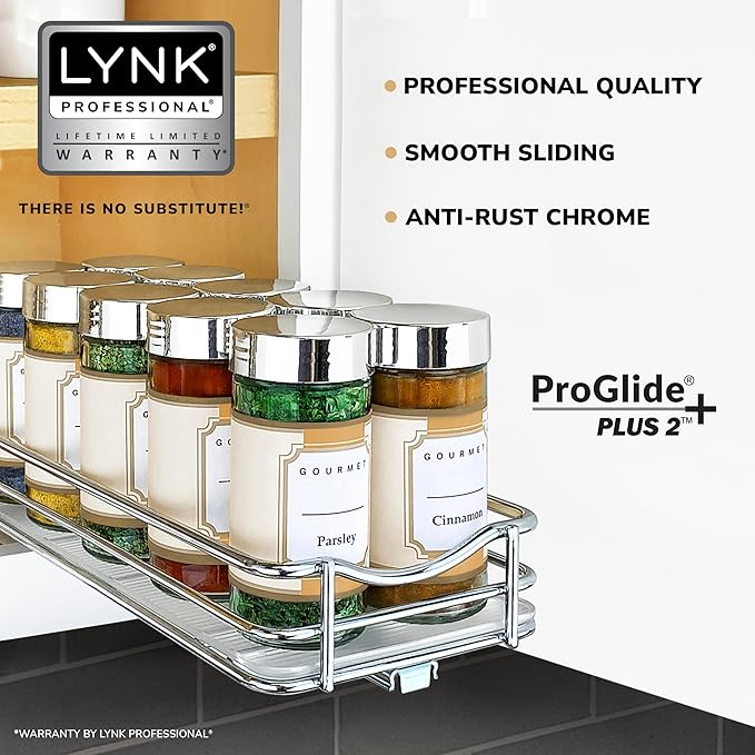 LYNK PROFESSIONAL® Pull Out Spice Rack Organizer for Inside Kitchen Cabinets - 4-1/4 inch Wide - Slide Out Drawer – Chrome Sliding Spice Cabinet Organization Shelf Racks - 1 Tier