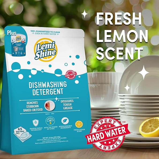 Lemi Shine Natural Dishwasher Detergent Pods with Dishwasher Cleaner Pouch - Eco Friendly Cleaning Supplies - 31.8 oz (65 Count)