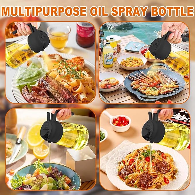 2-in-1 Glass Oil Dispenser & Sprayer - 16oz/470ml Leakproof Bottle for Cooking, Air Fryer, BBQ, Baking, Salad (Transparent Black 2PCS)