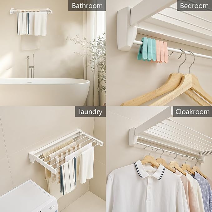 JOOM Laundry Drying Rack Collapsible, Wall Mounted Drying Rack, Clothes Drying Rack, Retractable Drying Racks, 27.5" Wide, 5 Aluminum Rods with Hooks, 60 lb Capacity (White 27.5" with Hooks)