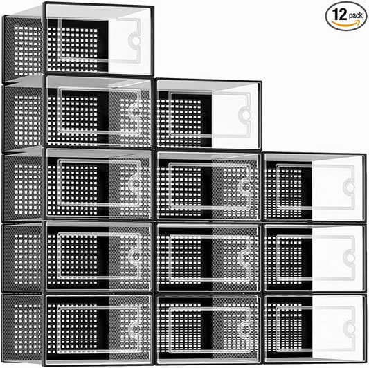 Kuject Large Shoe Organizers Storage Boxes for Closet, 12 Pack Clear Plastic Stackable Storage Bins with Lids, Under Bed Shoe Containers for Entryway, Drop Front, Fit up to Women's Size 10,Black