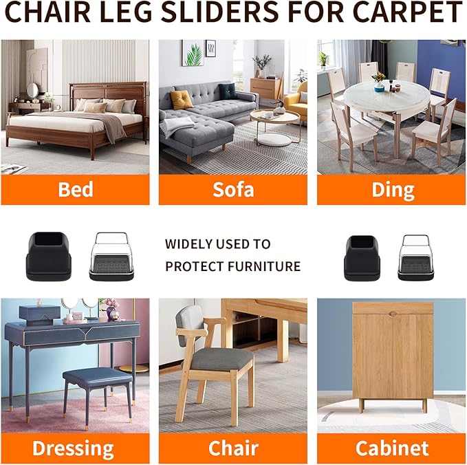 Ezprotekt 24 Pcs Chair Leg Sliders for Carpet, Square Clear Chair Glides Teflon Furniture Pads, Bar Stool Leg Protectors Caps for Rug - for Dining Table, Couch, Patio Legs (M Fit: 0.75" - 1")
