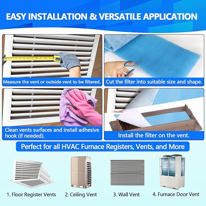 18" x 90" Air Vent Filters, Cut to Fit Air Filter (55+ Filters), MERV 8 Triple Vent Filter for Home Floor, Ceiling, RV, HVAC Furnace Vents, With Adhesive Hook Tape and Installation Tape