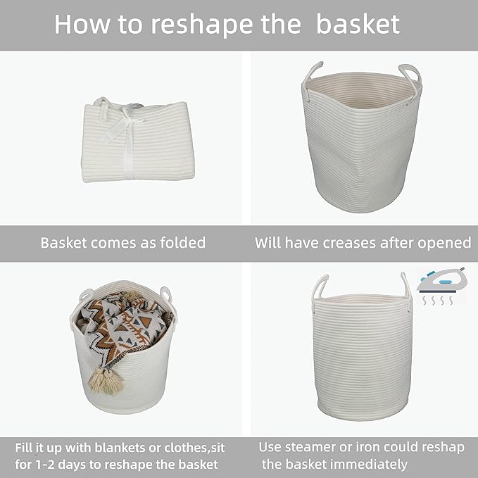 Cotton Rope Laundry Basket Hamper for Clothes Decorative Woven Storage Basket for Living Room Bedroom Boho Tall Rope Baskets for Blanket Toys Baby Nursery Hamper Bin Large white