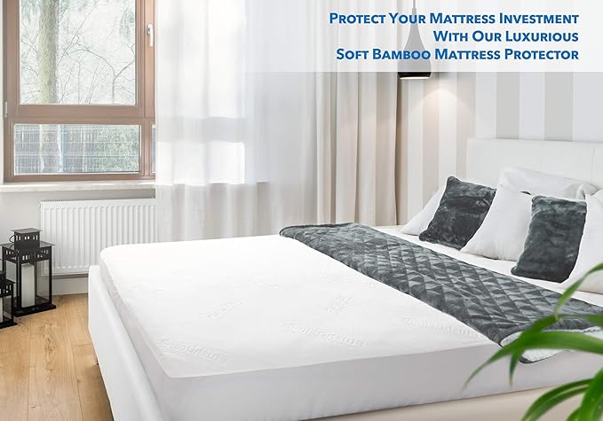 PlushDeluxe Premium Bamboo Mattress Protector – Queen Size, Waterproof, & Ultra Soft Breathable Noiseless Washable Bed Mattress Cover for Comfort & Protection - White