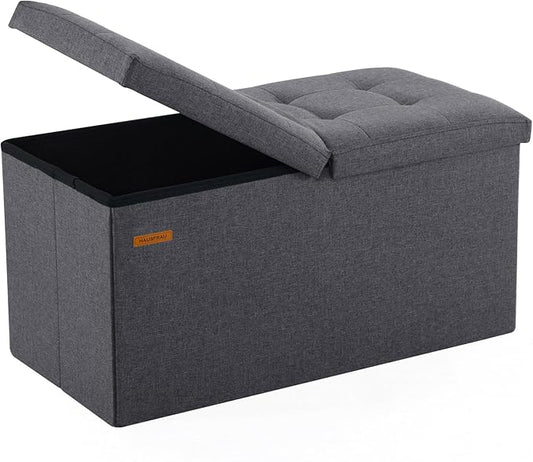 HAUSFRAU - 30 Inches Storage Ottoman Bench with Flipping Lid, Foldable Storage Chest Foot Rest for Living Room, Bedroom, Entryway, Load 660 lb, Linen Dark Gray