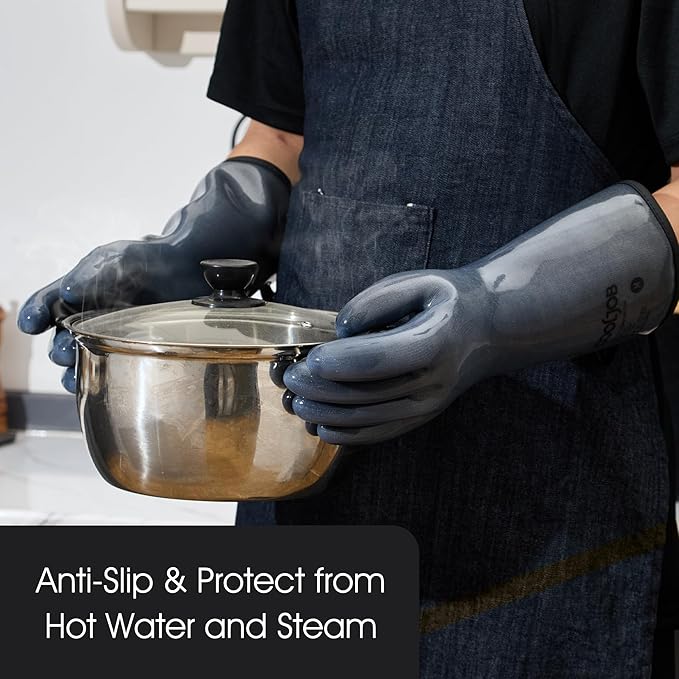 COOLJOB Heat Resistant Oven Gloves, Waterproof Liquid Silicone BBQ Grilling Gloves for Barbecue, Kitchen Cleaning, Baking, Food Contact, Black, Medium