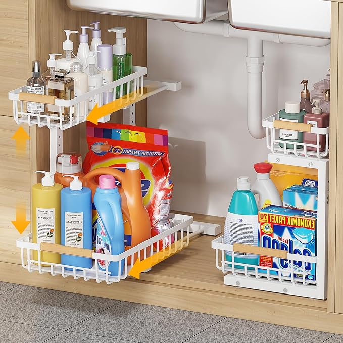 2-Tier Slide Out Under Sink Organizer – 2-Tier Pull-Out Storage Rack, Bathroom organizers and storage for Kitchen and Bathroom, Space-Saving Cabinet Organizer, Rustproof,（White)(2 Pack)