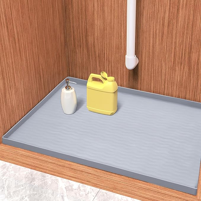 URMONA Waterproof Silicone Under Sink Mat 40'' x 22'' Shelf Liner for Kitchen and Bathroom, Cabinet and Counter Protector, Storage and Organizers, Litter Mat, Pet Cat Puppy Essentials(Light Grey)