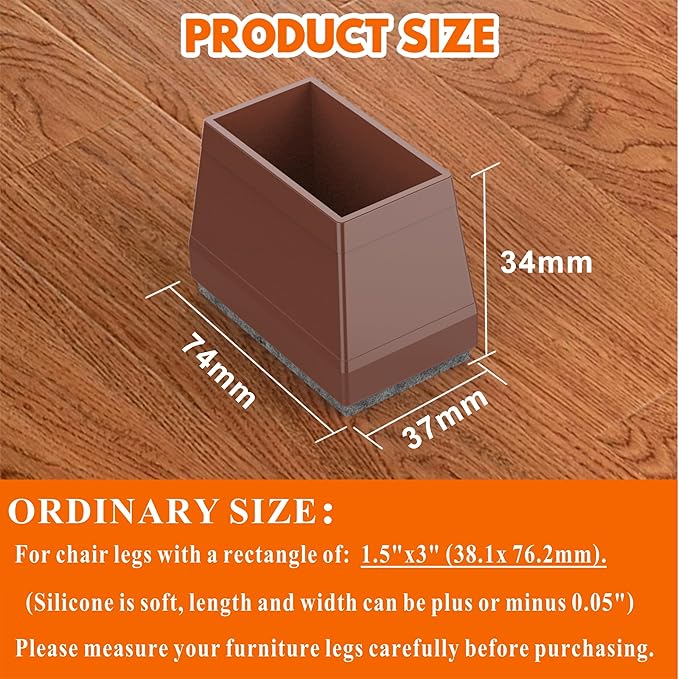 Rectangle Chair Leg Protectors for Hardwood Floors,16 PCS Silicone Covers to Protect Wood Tile Floors Felt Pads Furniture Leg Caps Reduce Noise. Easy to Move.(Brown,1.5 x 3 Inch,Rectangle)