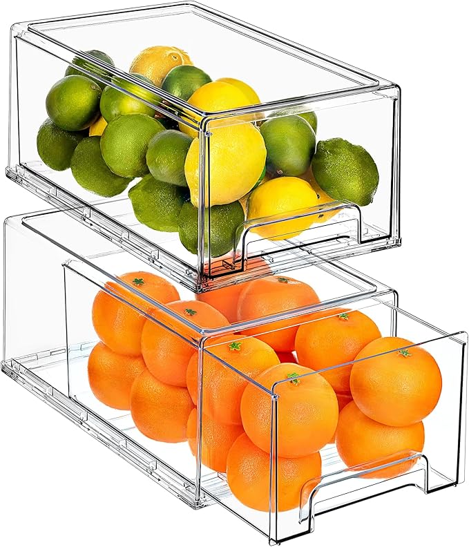 Sorbus Large Clear Storage Drawers (2 Pack) – Stackable Pull-Out Storage Bins with Handles, Slide Out Organizer Drawers for Pantry, Fridge, Kitchen – Stackable Acrylic Storage Bins