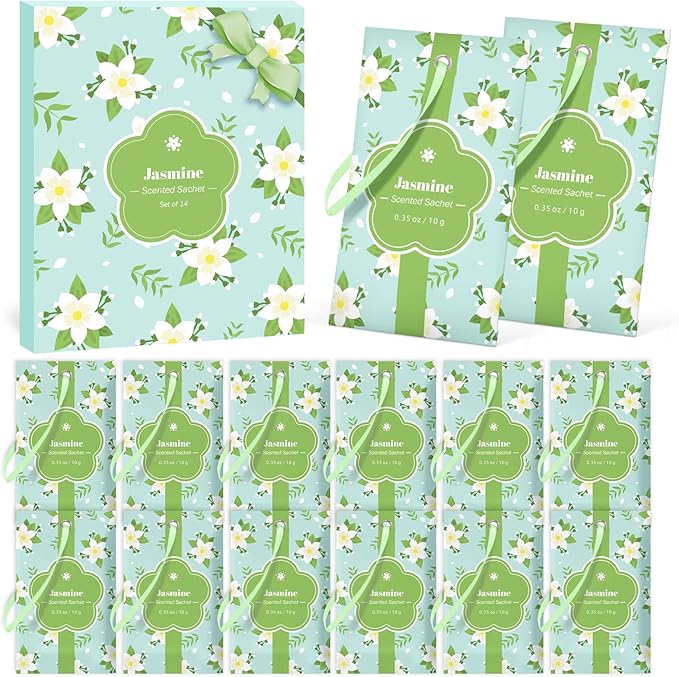 SCENTORINI Scented Sachets for Drawers and Closets, Jasmine Scent 14 Pack, Long-Lasting Sachets Bags Wardrobe Freshener, for Drawers, Closets, Cars