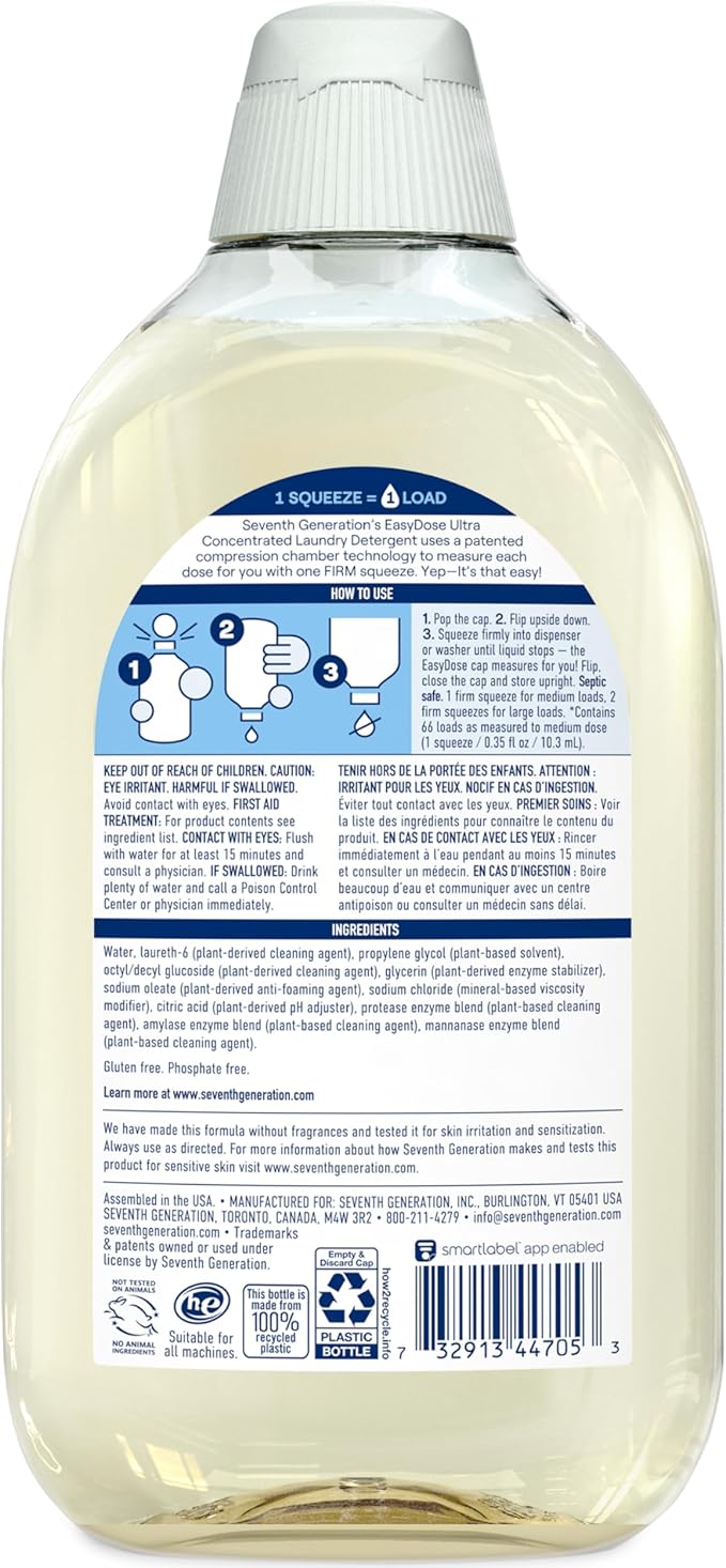 Seventh Generation Laundry Detergent, Ultra Concentrated EasyDose, Free & Clear, 23.1 Fl Oz (Pack of 2) (Packaging May Vary)