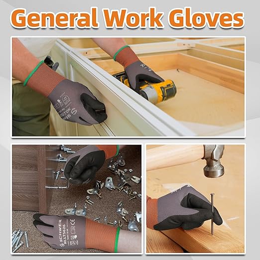 Schwer 12 Pairs Safety Work Gloves with Sandy Nitrile Coating, ANSI A1 Cut Resistant Heavy Duty Working Gloves with Grip for Men Women, Ideal for General Use, Mechanic, Construction, Gardening, M