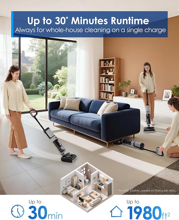 Tineco Floor ONE i5 Stretch Wet Dry Vacuum Cleaner, Vacuum & Mop in One Step, 20kpa Powerful Suction, 180° Lay-Flat Design, Anti-Tangle Design, Dual-Sided Edge Cleaning, Up to 30* Minutes Runtime