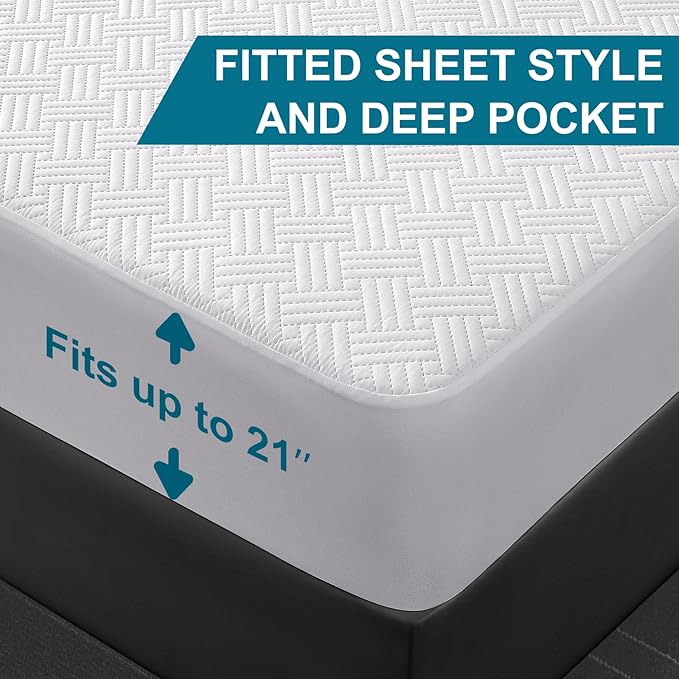 Waterproof Mattress Protector California King Size - Breathable, Noiseless, Ultra-Soft Bed Cover, Mattress Pad Cover with Deep Stretchable Pockets 8"-21" (White)