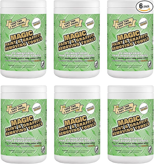 Magic Heavy Duty Paint & Graffiti Removing Wipes - Dual Sided Industrial Cleaning Towels | Waterless | Removes Adhesive, Ink, Marker, Spray Paint, Tar, Decals & more (6 Pack | 420 Sheets Total)