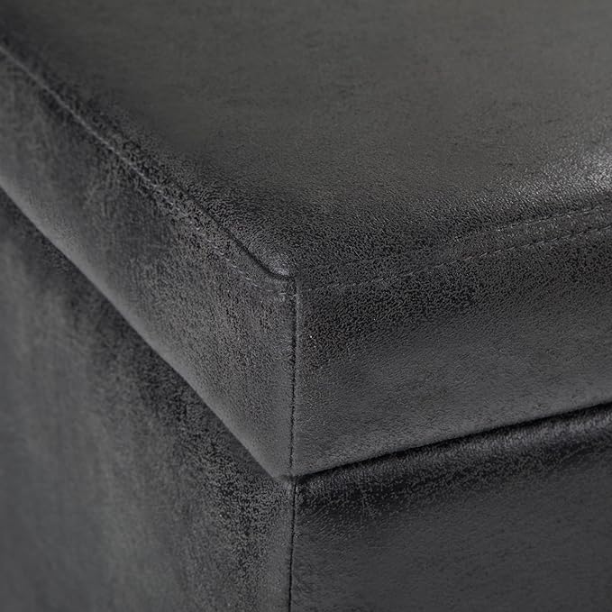 SIMPLIHOME Avalon 48 inch Wide Contemporary Rectangle Storage Ottoman Bench in Distressed Black Distressed Vegan Faux Leather, Assembled, For the Living Room, Entryway and Family Room