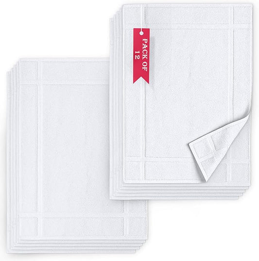 Pearl Linens Pack of 12 100% Cotton Bath Mat 18x25 inches, Soft & Absorbent Quick Dry Bathroom Mat Set, Not Bathroom Rugs, After Shower Mat, Bath Tub Mat, 687 GSM, Machine Washable, White