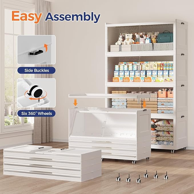 150GAL Extra Large Storage Bins with Lid, 600QT Collapsible Organizer with Wheels, Stackable Closet Cabinet with Doors, Folding Storage Containers for Home, Office, Dorm, 3Pack White