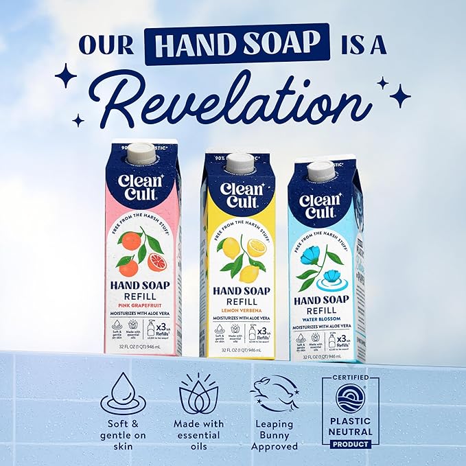 Cleancult Liquid Hand Soap Refill - Pink Grapefruit- Moisturizes Dry & Sensitive Skin - Made with Aloe Vera & Essential Oils - Eco Friendly - Paper-Based Packaging - 32 oz/1 Pack