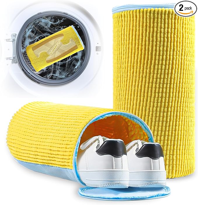 Shoe Washing Machine Bag - 2pcs Laundry Shoe Bags for Washing Machine, 360° Deep Clean Reusable Sneaker Tennis Shoe Cleaning Bag for Washer and Dryer for Most Sizes, Yellow, 15 * 7.5 inches