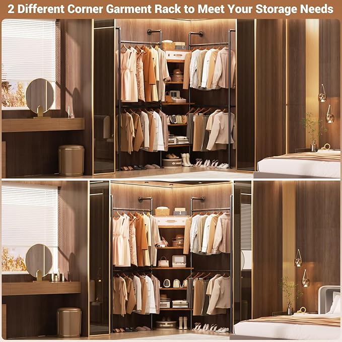 Aheaplus Industrial Pipe Clothing Rack, Reversible 6.42FT Clothes Rack for Hanging Clothes, Heavy Duty 5-Tier Closet Wardrobe Garment Racks with Shelves, Corner Closet Organizer System, Rustic Brown