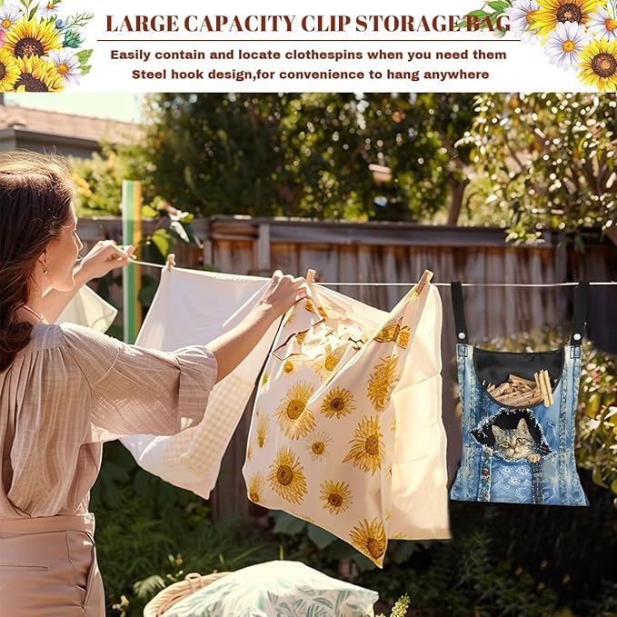 2 Pcs Clothespin Bag, Cat Pin Bag with Hanging Rope for Home Outdoor，Laundry Hanging Bag Fits Clothes Lines for Hanging Clothes Outside Balcony Bathroom Corridor Yard