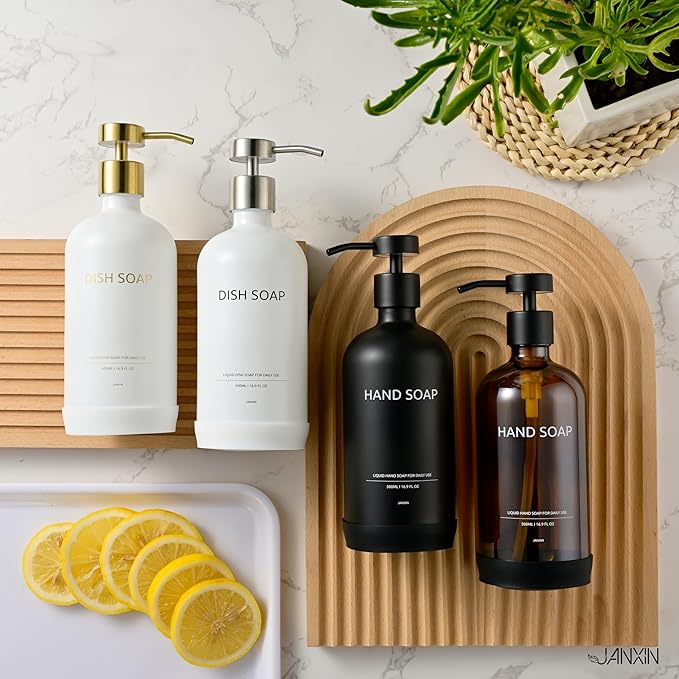 Glass Soap Dispenser Set by Janxin,Bathroom Soap Dispenser Set with Ceramic Tray,Luxury Bathroom Accessories,Modern Kitchen Decor (White+Gold(Lotion))