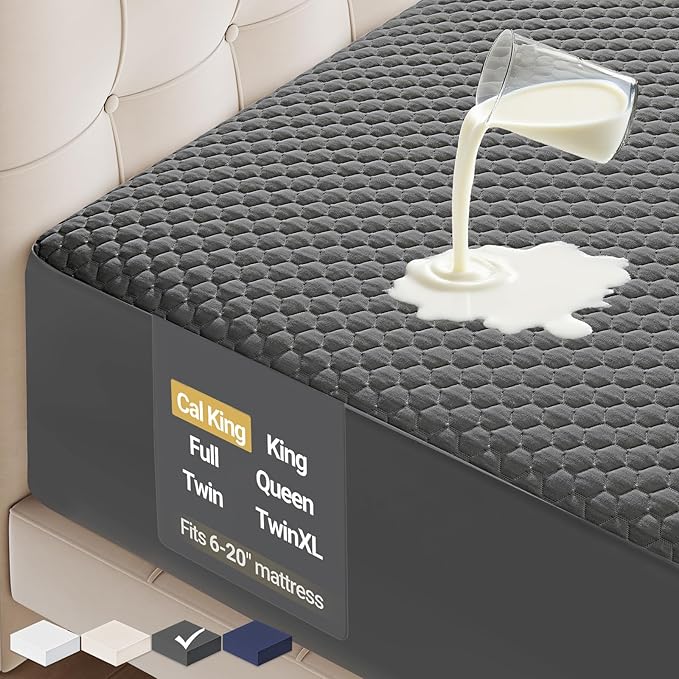OhGeni 100% Waterproof Mattress Protector, California King-Gray Mattress Pad, Fits 6"-20" Mattresses with Deep Pocket, Cooling, Breathable Fitted Sheets, Soft Bed Cover, Noiseless, Machine Washable