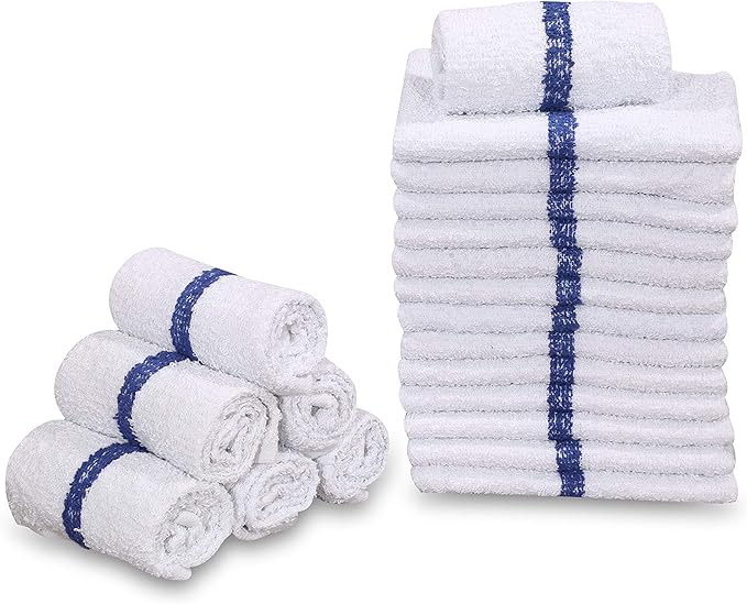 GOLD TEXTILES 60 PC New Cotton Blend White Restaurant Bar Mops Kitchen Towels 28oz (5 Dozen) (60, Blue Stripe)