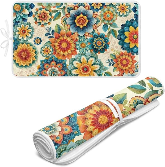 Boho Ironing Mat Foldable Ironing Pad Portable Board Iron Board Alternative Cover,Foldable Cover Flower Small Iron Mat for Table Top,Washer and Dryer 32 x 16 Inch
