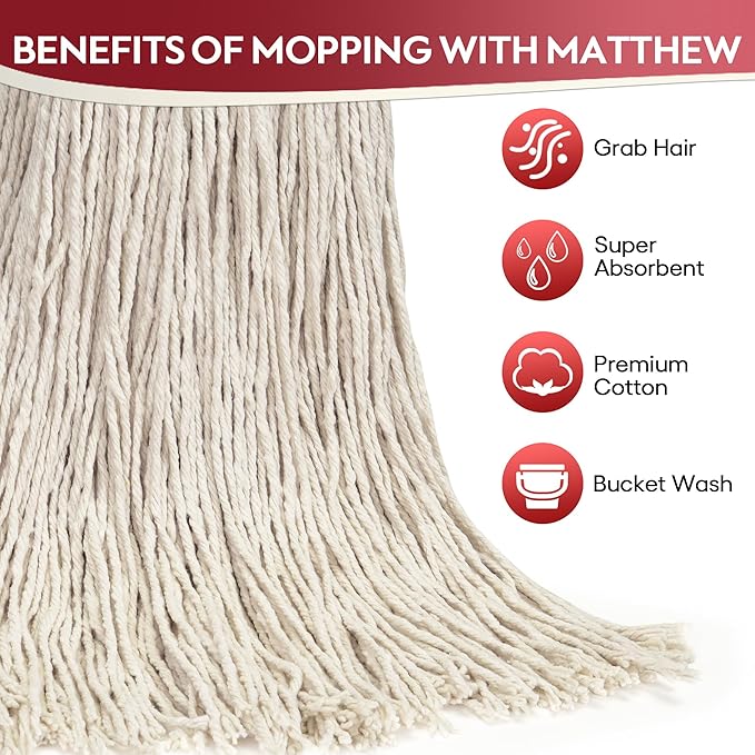 Matthew Cleaning 20oz 3Pack Cotton Floor Mop,Cotton Looped-Open String Heavy Duty String Refills, Universal Headband Blend,Mop Head Replacement for Home, Industrial and Commercial Use(White)