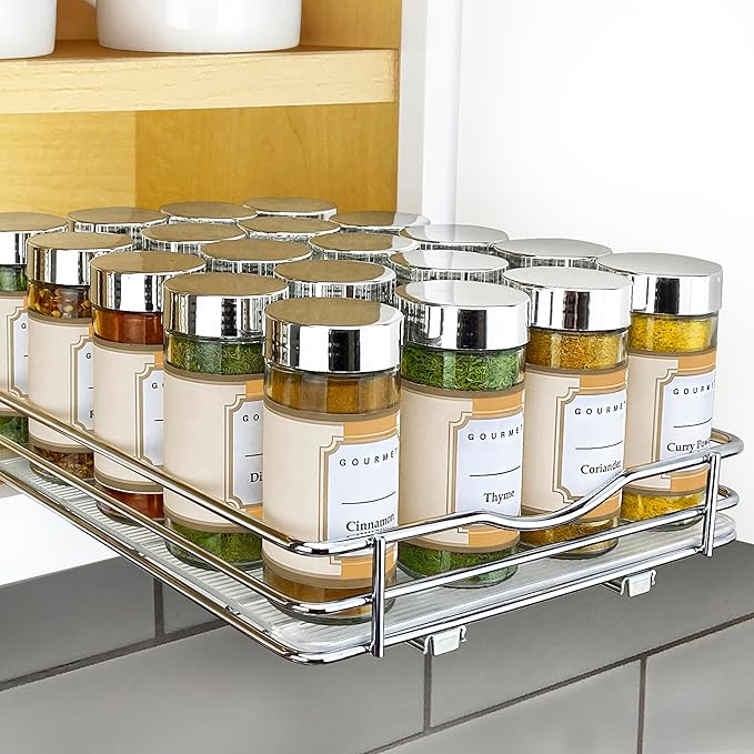LYNK PROFESSIONAL® Pull Out Spice Rack Organizer for Inside Kitchen Cabinets - 8-1/4 inch Wide - Slide Out Drawer – Chrome Sliding Spice Cabinet Organization Shelf Racks - 1 Tier