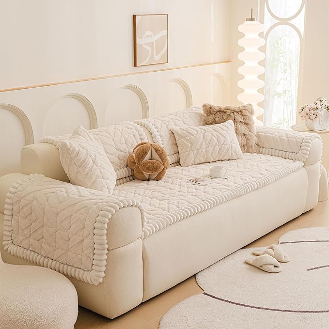 OTOB Pet Couch Covers for 3 Cushion Couch Sofa, Washable & Non Slip Fuzzy Plush Sofa Cushion Covers, All Seasons Geometric Jacquard Modern Soft Dog Bed Mat Slipcovers Protector (White, 27.6"x70.9")