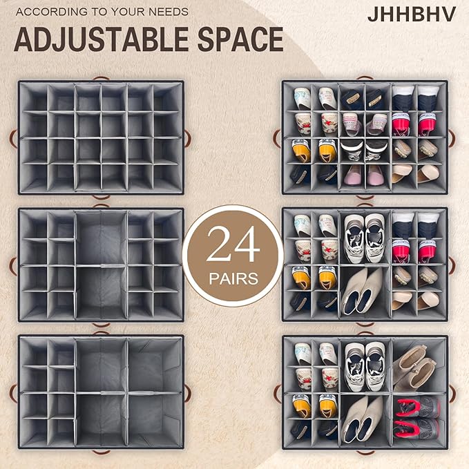 2 Pack Shoe Organizer for Closet, Adjustable Shoe Box Storage Containers, Large Foldable Shoe Bins with Clear Cover, Space Saving Shoes Holder with 4 Handles, Fits 24-48 Pairs, Black