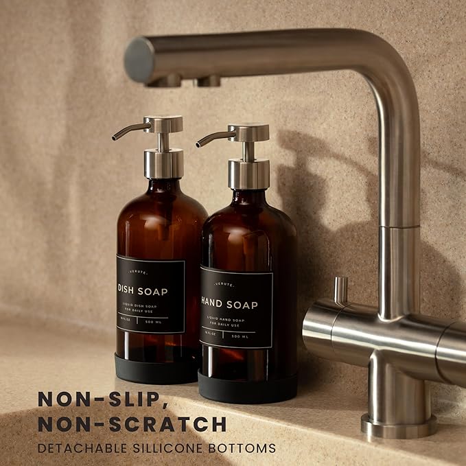 16oz Glass Soap Dispenser with Stainless Steel Pump, 21 Waterproof Labels, Non-Slip Protective Silicone Pad, Set of 2 for Bathroom & Kitchen (Amber Bottle/Brushed Silver Pump)